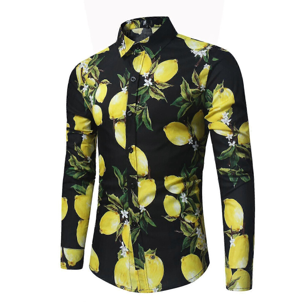 (L, Black) New Men's Casual Fashion Trend Fruit Lemon Print Long Sleeve Shirt Top#ztfs-ztcs20