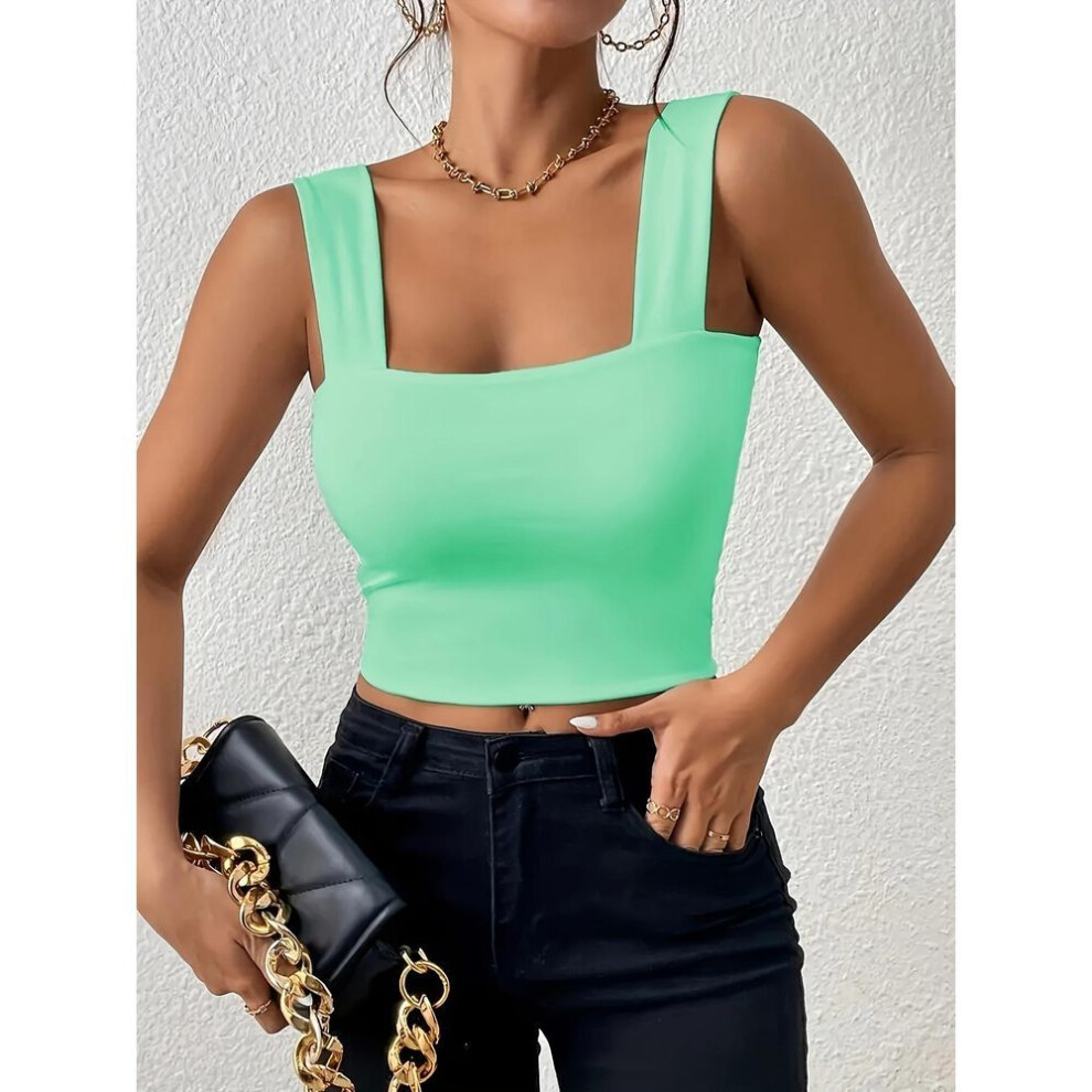 (M, light green) Square Neck Tank Top Wide Shoulder Straps Crop Tops Women Summer Camis Solid Color Camisole Fashion Tube Female Sleeveless Cropped Vest Y2K Clothes