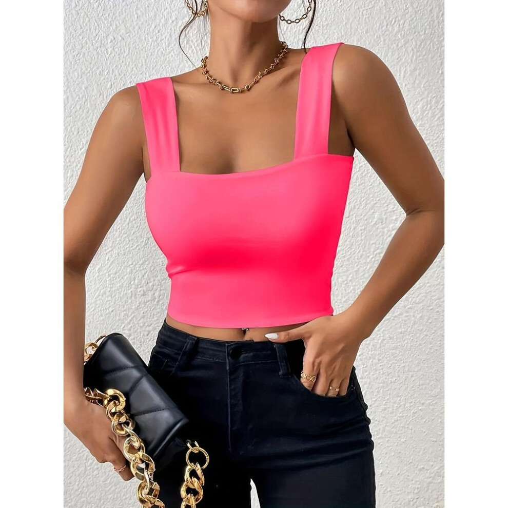(XS, rose red) Square Neck Tank Top Wide Shoulder Straps Crop Tops Women Summer Camis Solid Color Camisole Fashion Tube Female Sleeveless Cropped Vest Y2K Clothes