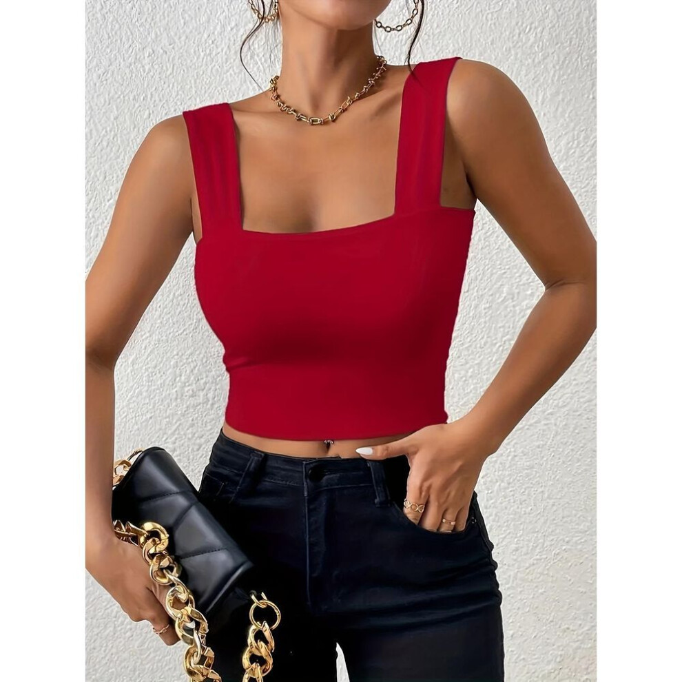 (M, wine red) Square Neck Tank Top Wide Shoulder Straps Crop Tops Women Summer Camis Solid Color Camisole Fashion Tube Female Sleeveless Cropped Vest Y2K Clothes
