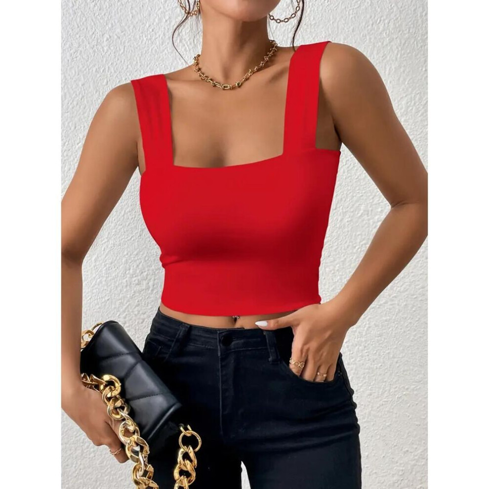 (L, red) Square Neck Tank Top Wide Shoulder Straps Crop Tops Women Summer Camis Solid Color Camisole Fashion Tube Female Sleeveless Cropped Vest Y2k Clothes