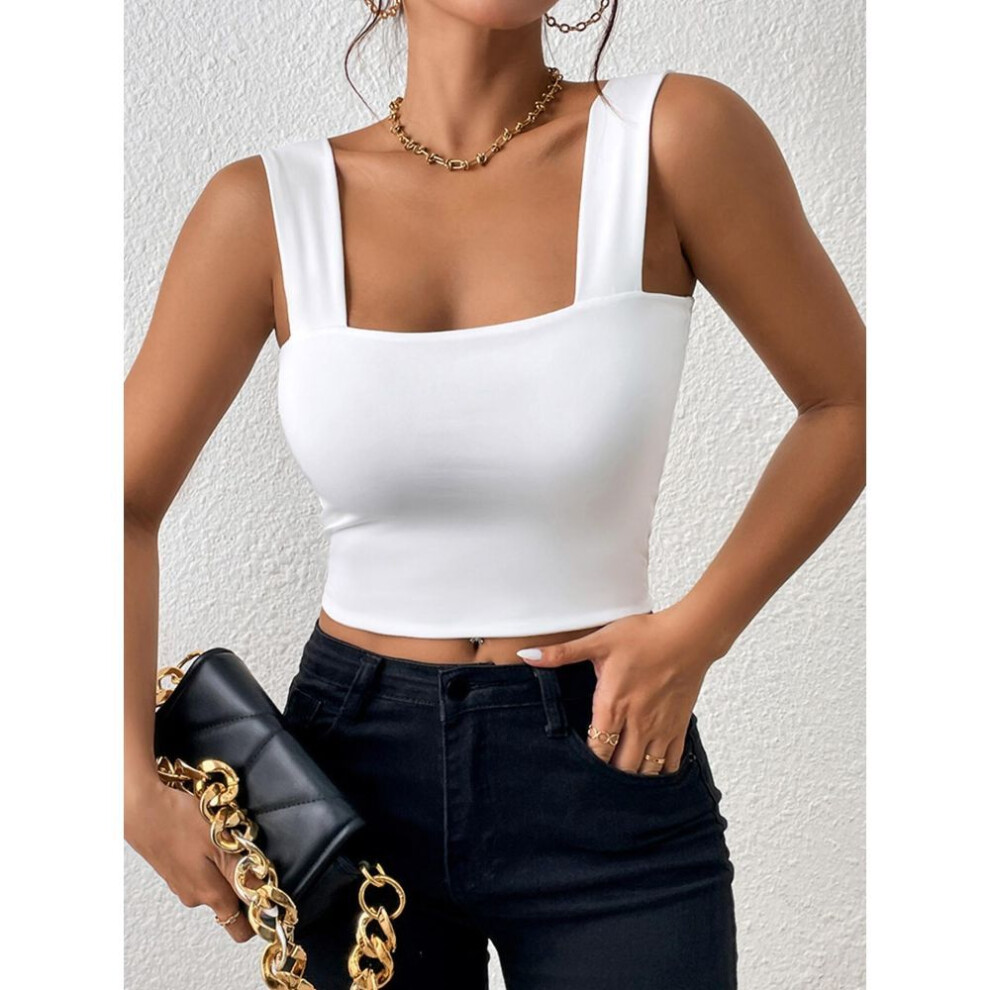 (M, white) Square Neck Tank Top Wide Shoulder Straps Crop Tops Women Summer Camis Solid Color Camisole Fashion Tube Female Sleeveless Cropped Vest Y2k Clothes