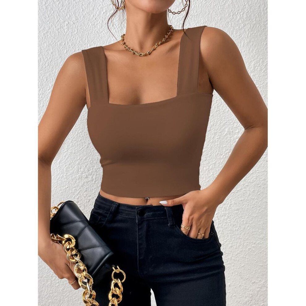 (S, light coffee) Square Neck Tank Top Wide Shoulder Straps Crop Tops Women Summer Camis Solid Color Camisole Fashion Tube Female Sleeveless Cropped Vest Y2K Clothes