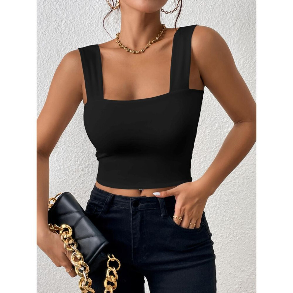 (L, black) Square Neck Tank Top Wide Shoulder Straps Crop Tops Women Summer Camis Solid Color Camisole Fashion Tube Female Sleeveless Cropped Vest Y2K Clothes