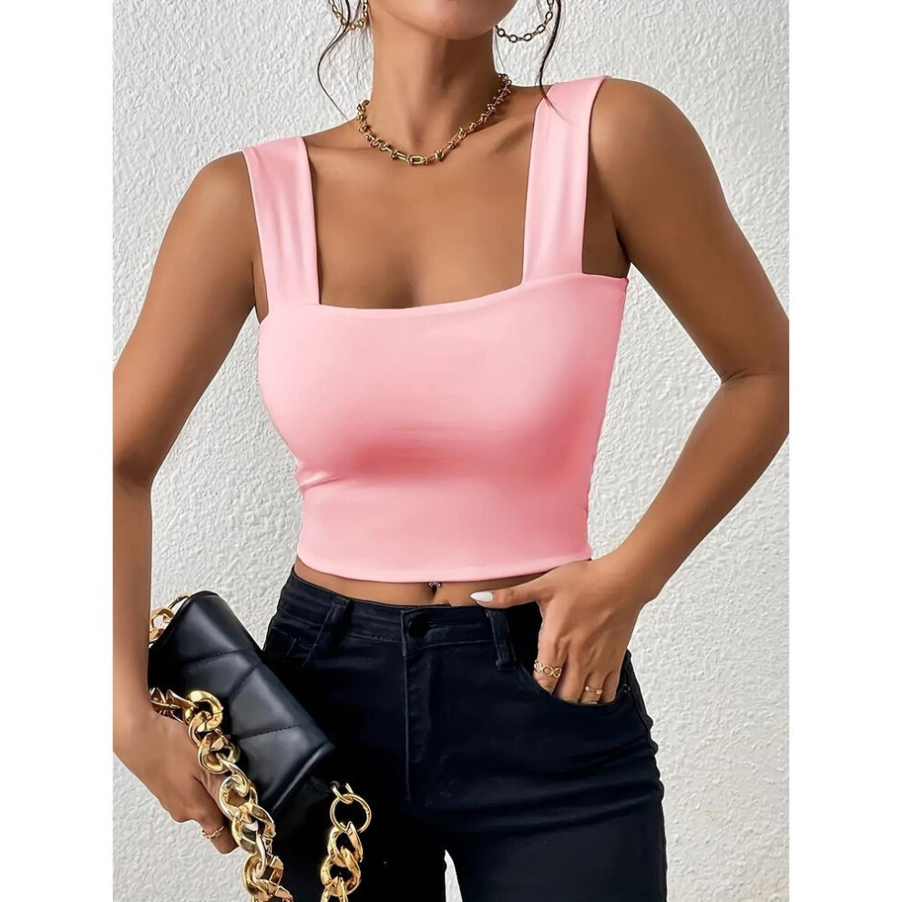 (XS, pink) Square Neck Tank Top Wide Shoulder Straps Crop Tops Women Summer Camis Solid Color Camisole Fashion Tube Female Sleeveless Cropped Vest Y2k Clothes