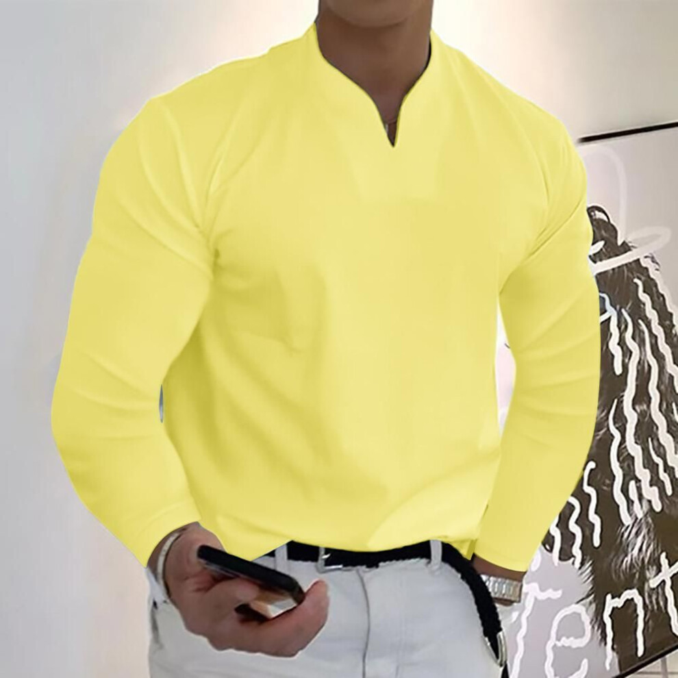 (yellow, XXXXXL) Order A Size Up,men's Clothes Spring Autumn V-neck Loose Fit Long Sleeve T-shirts Solid Color Tops Casual Tees Shirts Mens Shirts