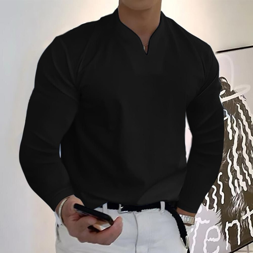 (black, XXXXXL) Order A Size Up,Men's Clothes Spring Autumn V-neck Loose Fit Long Sleeve T-shirts Solid Color Tops Casual Tees Shirts Mens Shirts