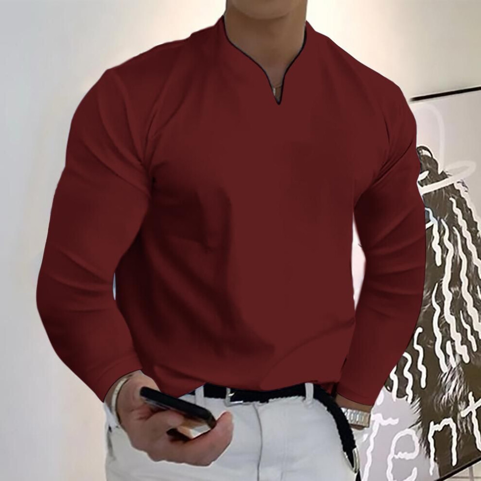 (wine red, M) Order A Size Up,men's Clothes Spring Autumn V-neck Loose Fit Long Sleeve T-shirts Solid Color Tops Casual Tees Shirts Mens Shirts
