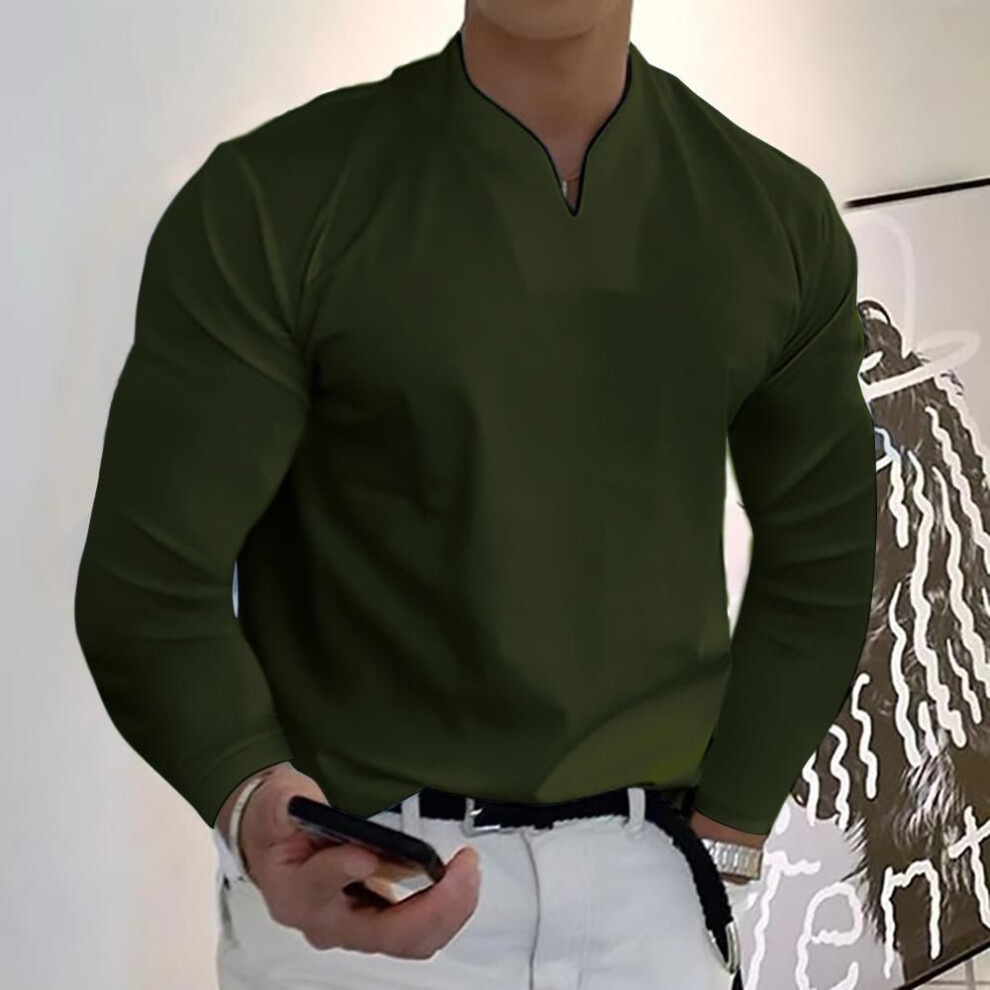 (army green, M) Order A Size Up,men's Clothes Spring Autumn V-neck Loose Fit Long Sleeve T-shirts Solid Color Tops Casual Tees Shirts Mens Shirts