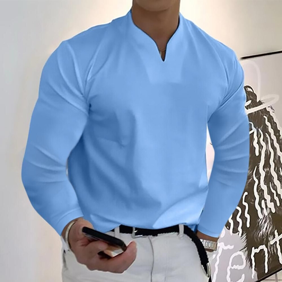 (light blue, XL) Order A Size Up,men's Clothes Spring Autumn V-neck Loose Fit Long Sleeve T-shirts Solid Color Tops Casual Tees Shirts Mens Shirts