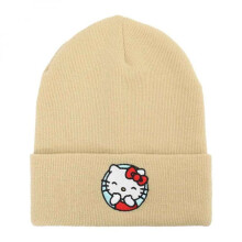 Hello Kitty 873091 Hello Kitty Smiles Embroidered Tall Cuff Beanie, Beige