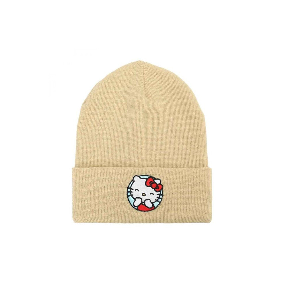 Hello Kitty 873091 Smiles Embroidered Tall Cuff Beanie, Beige