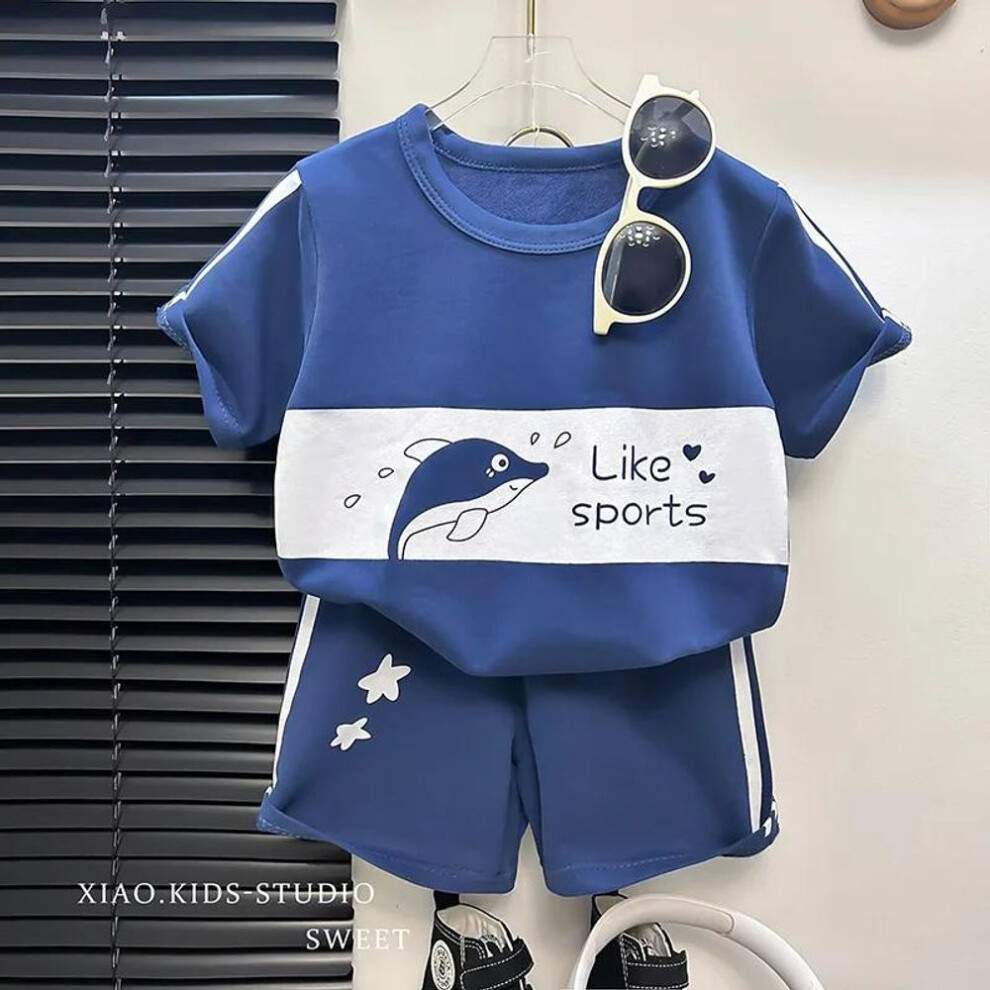 (blue, 110) New Kids Short Sleeve Suit Striped Girls Boys Set Summer Tops +short Baby Clothes Children's Wear