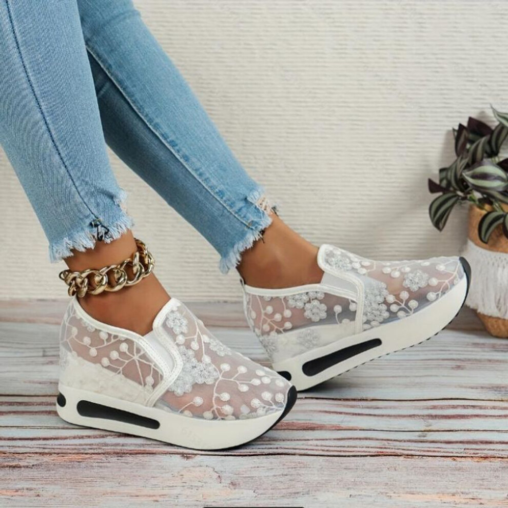(white, 36) Order A Size Up Platform Wedges Women's Sneakers Floral Embroidery Mesh Sneakers For Women Slip On Casual Comfy Heeled Shoes Woman