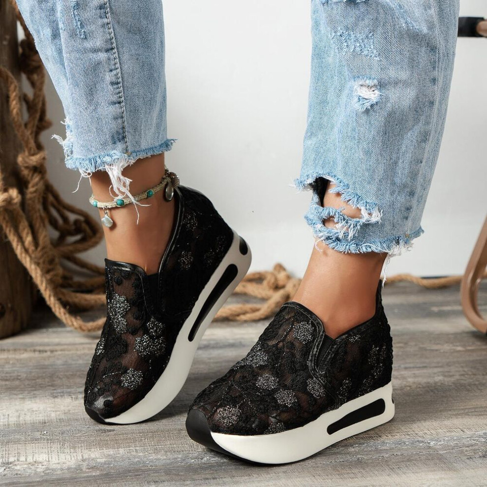 (black, 36) Order A Size Up Platform Wedges Women's Sneakers Floral Embroidery Mesh Sneakers for Women Slip On Casual Comfy Heeled Shoes Woman
