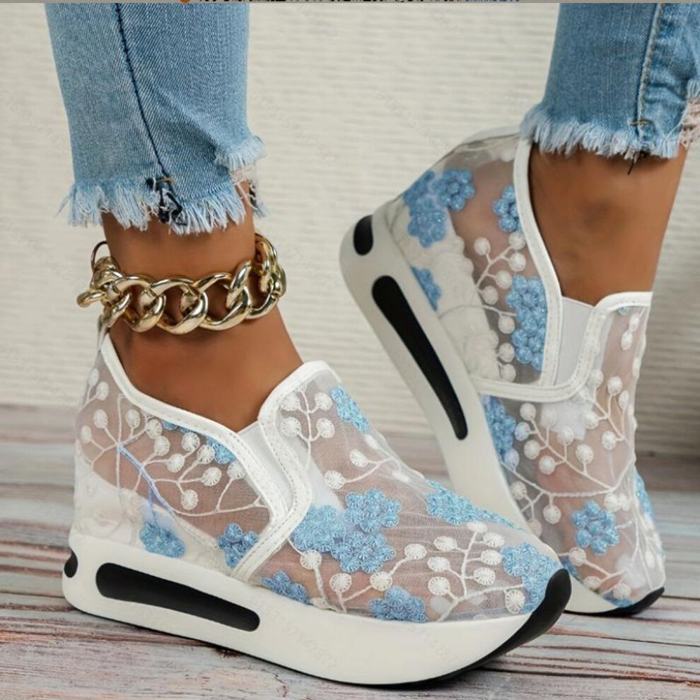 (blue, 39) Order A Size Up Platform Wedges Women's Sneakers Floral Embroidery Mesh Sneakers For Women Slip On Casual Comfy Heeled Shoes Woman