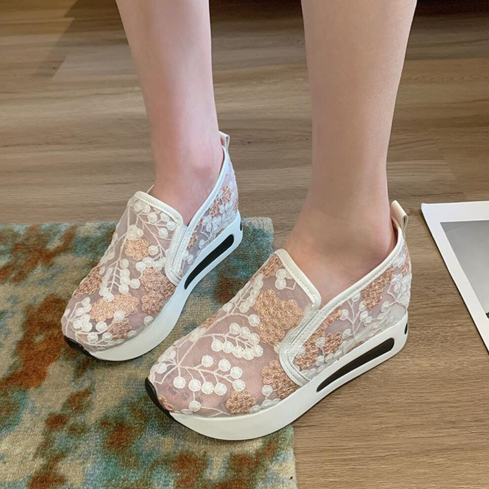 (pink, 41) Order A Size Up Platform Wedges Women's Sneakers Floral Embroidery Mesh Sneakers For Women Slip On Casual Comfy Heeled Shoes Woman