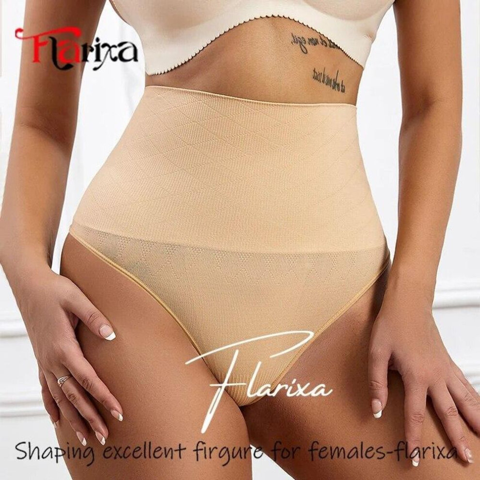 (beige, L) Flarixa Seamless Panties Women Thong With High Waist Tummy Control Underwear Slimming Female Body Shapers Belly Shaping Briefs