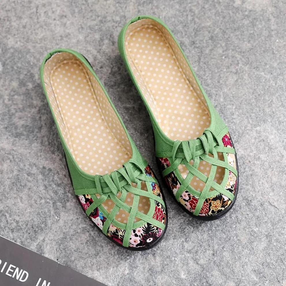 (green, 39) Spring Summer Cloth Shoes Women's Hollow Out Non-slip Soft Bottom Single Shoes Large Size Print Flat Slip-on Sandals