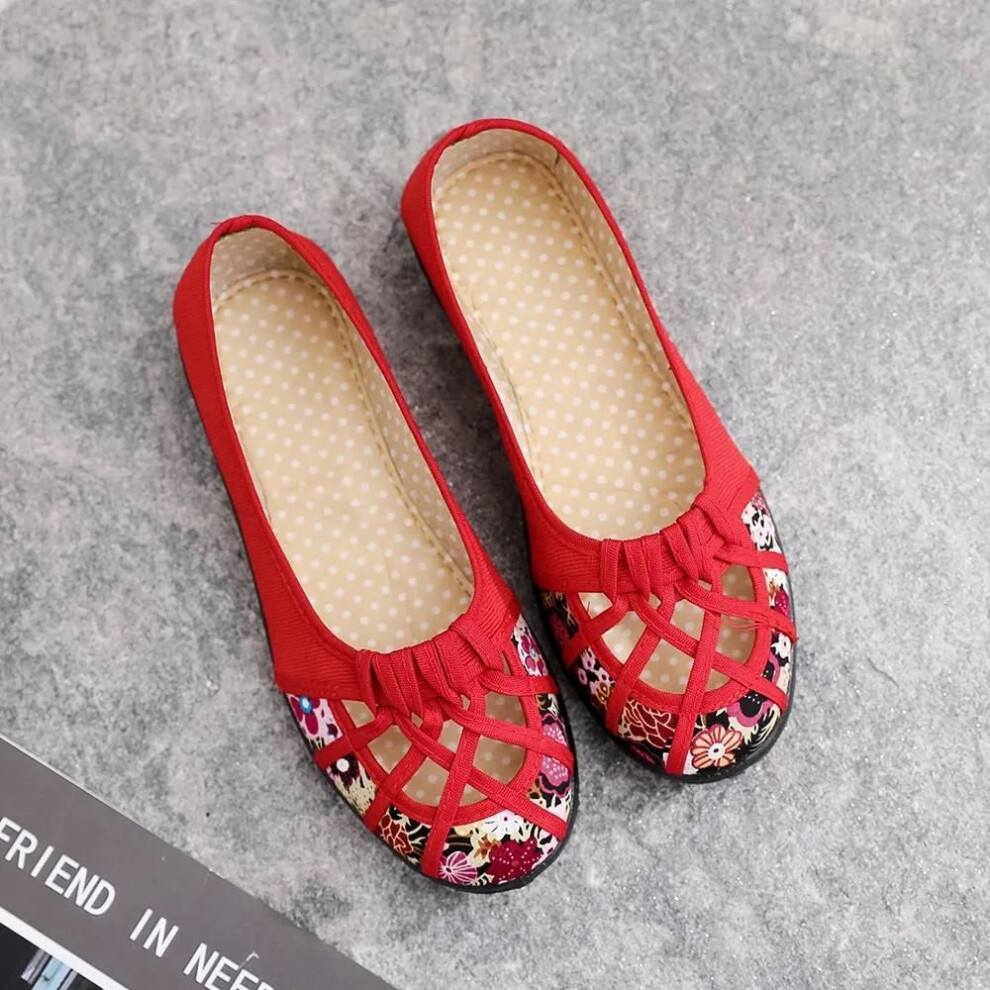 (red, 35) Spring Summer Cloth Shoes Women's Hollow Out Non-slip Soft Bottom Single Shoes Large Size Print Flat Slip-on Sandals