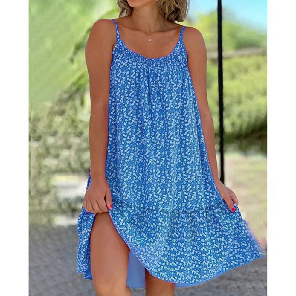 (blue, L) Women's Fashion Sling Dress Summer Casual Sleeveless Oversized Floral Printing Party Loose Dresses Female