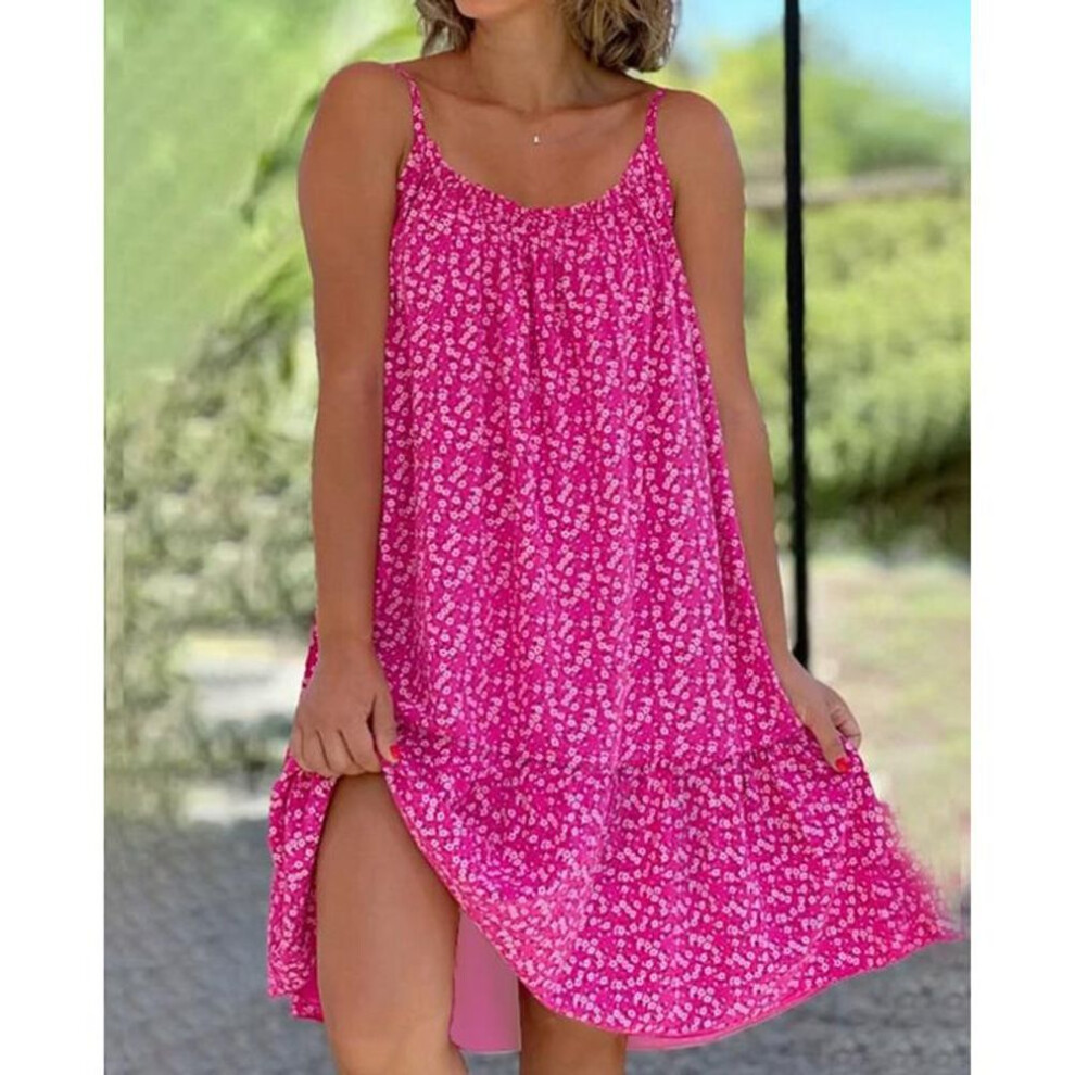 (rose red, XL) Women's Fashion Sling Dress Summer Casual Sleeveless Oversized Floral Printing Party Loose Dresses Female