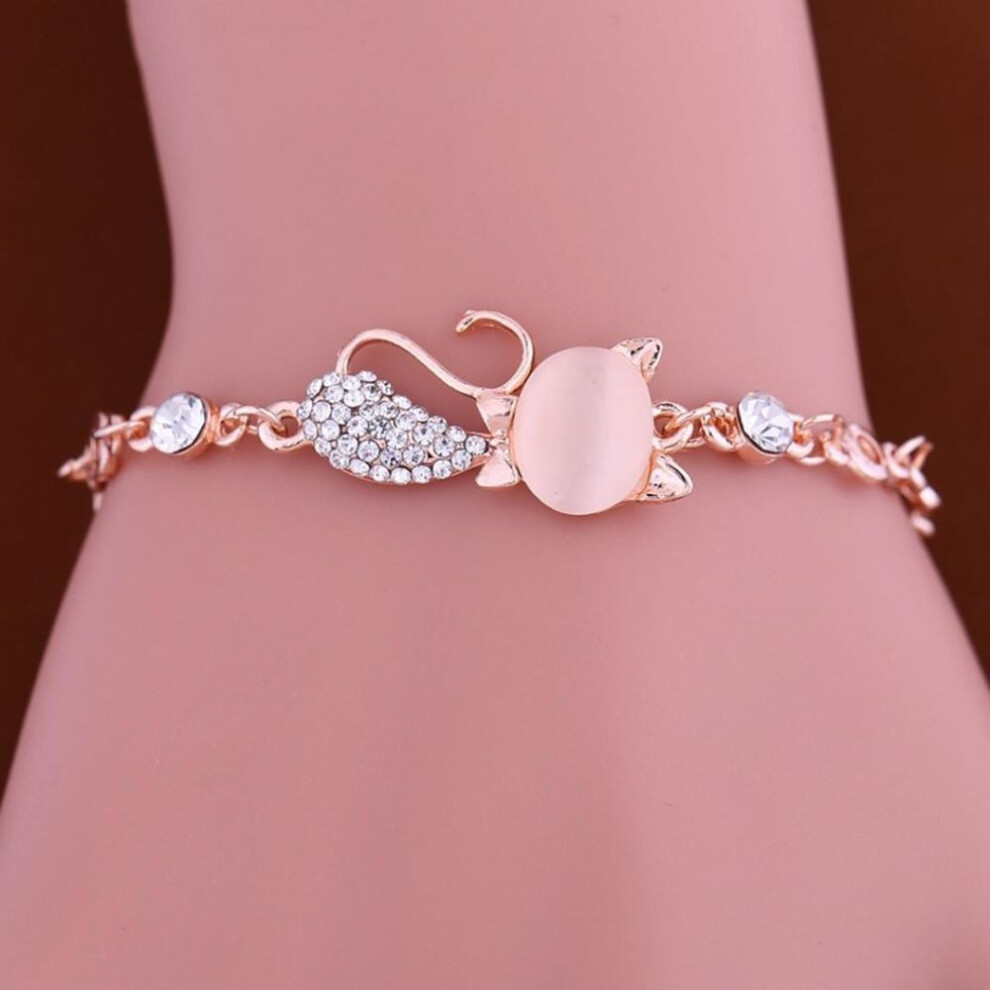 Lovely Cat Pendant Women Ladies Opal Rhinestone Bangle Bracelet Chain Jewelry