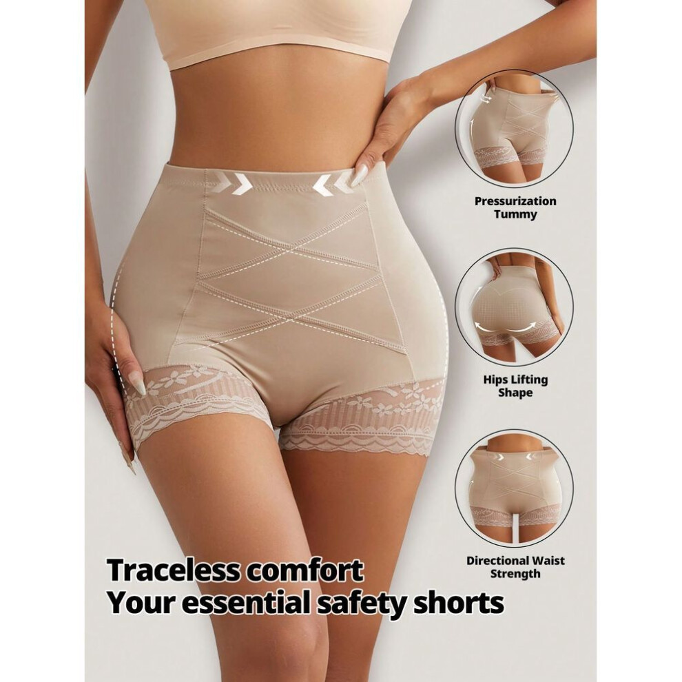 (beige, M) Women High Waist Tummy Control Lace Safety Shorts Panties Postpartum Shaping Boxer Briefs Under Skirts Underwear Butt Lifter Shapewear Anti-rolling