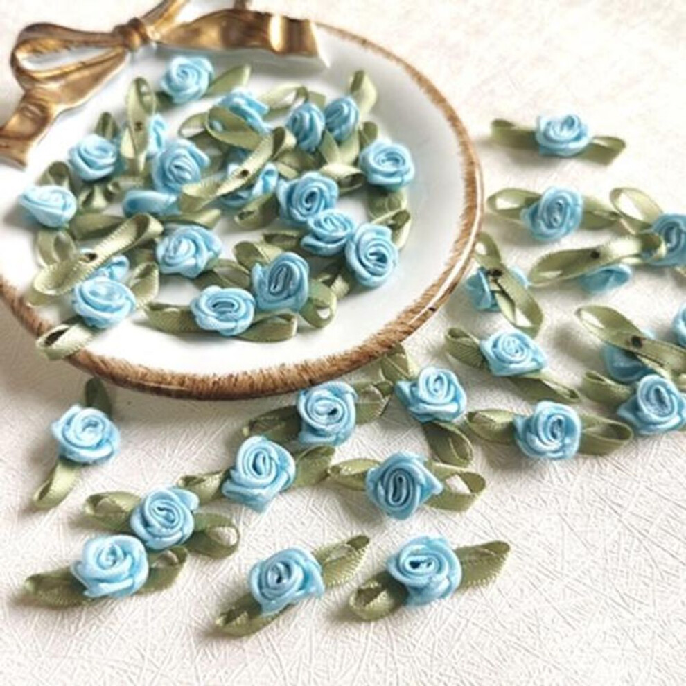 (blue) 100pcs Mini Rose Flowers Heads Patch Make Satin Appliques Handmade Diy Sewing Crafts For Wedding Decoration Accessories