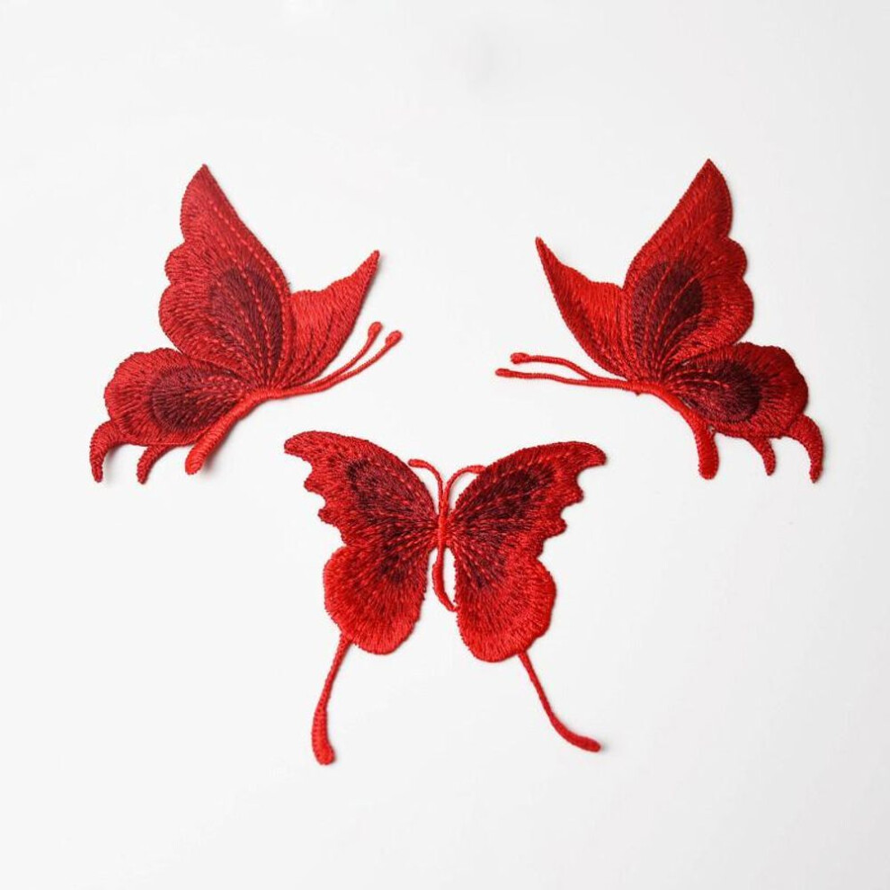 (red) 3pcs Blue Lace Embroidered Butterfly Patches Sew On Clothes Applique Dancing Dress
