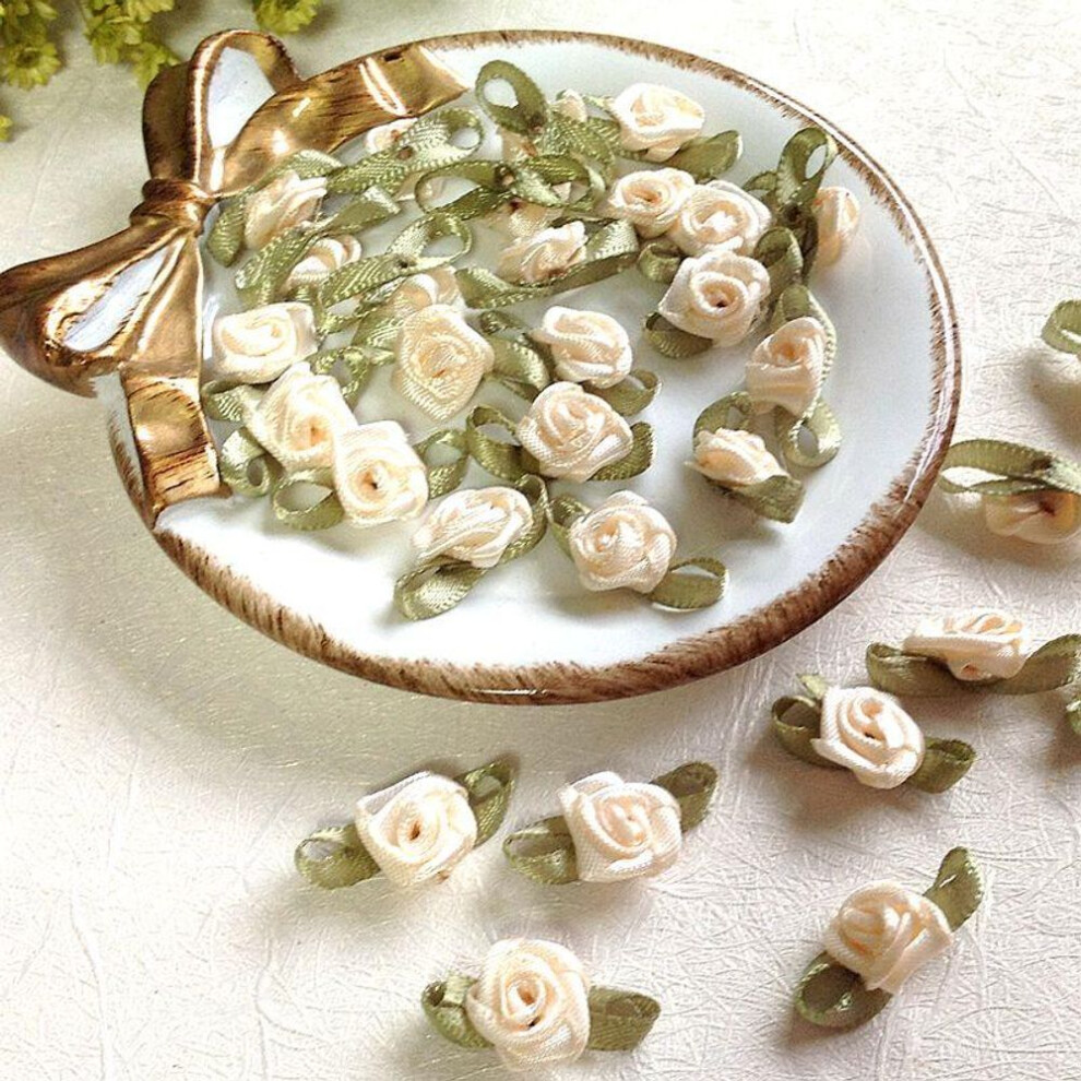 (beige) 100pcs Mini Rose Flowers Heads Patch Make Satin Appliques Handmade Diy Sewing Crafts For Wedding Decoration Accessories