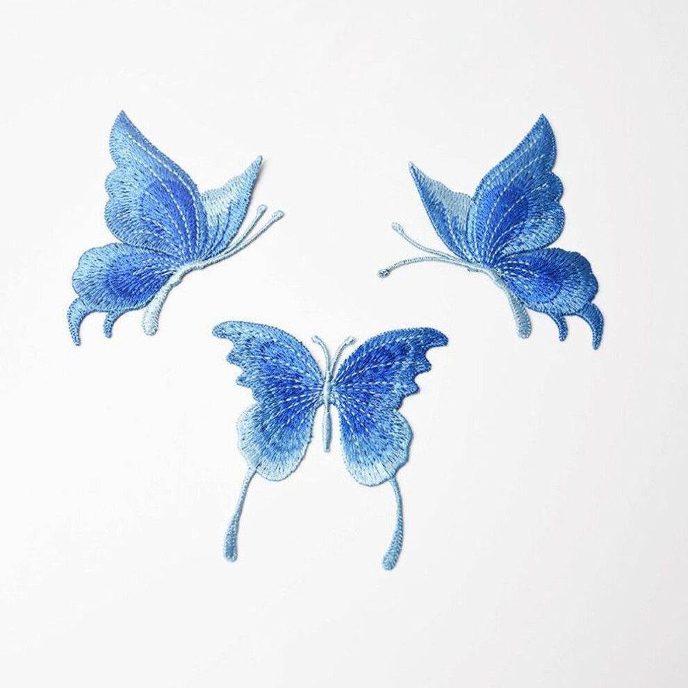 (navy blue) 3pcs Blue Lace Embroidered Butterfly Patches Sew On Clothes Applique Dancing Dress
