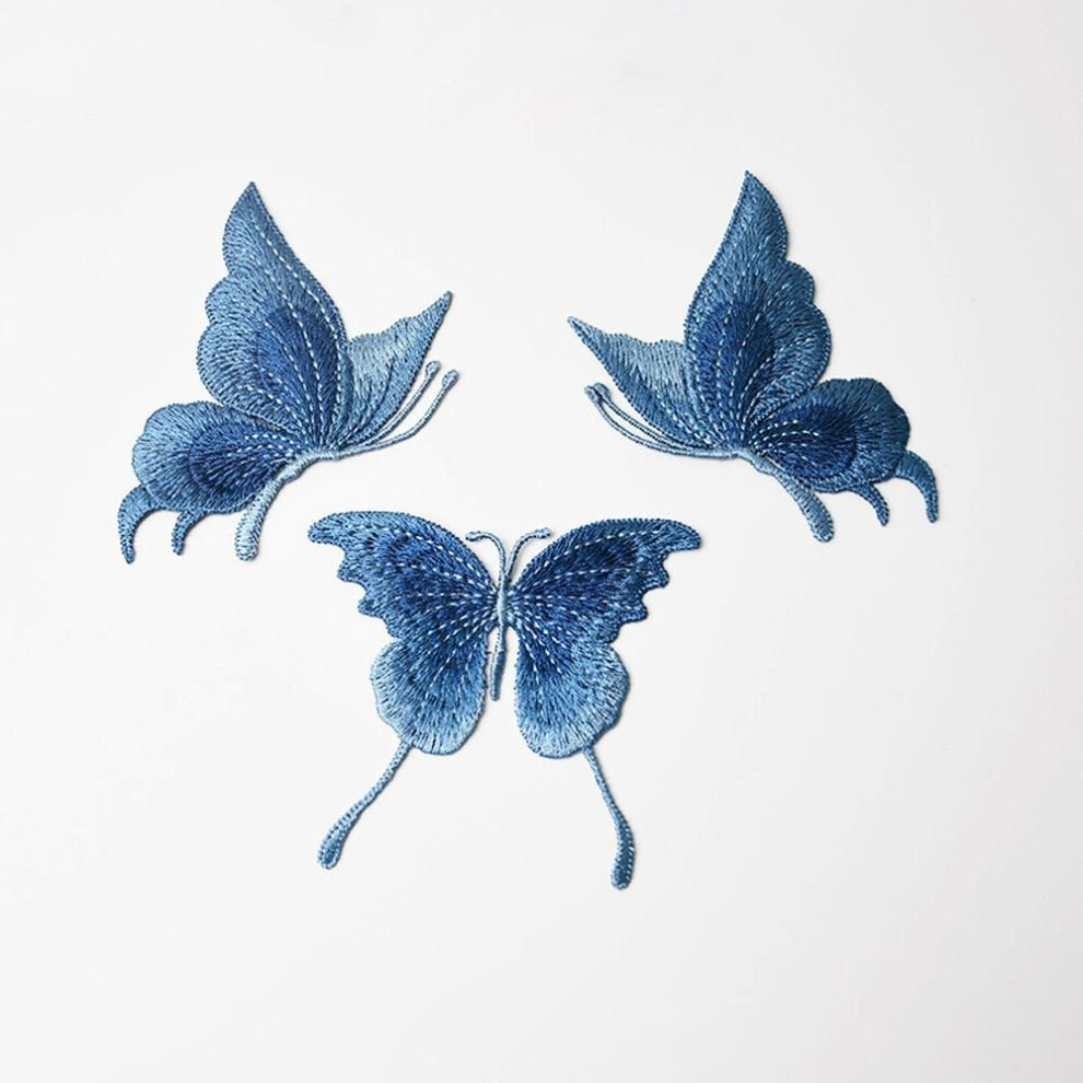 (blue) 3pcs Blue Lace Embroidered Butterfly Patches Sew On Clothes Applique Dancing Dress