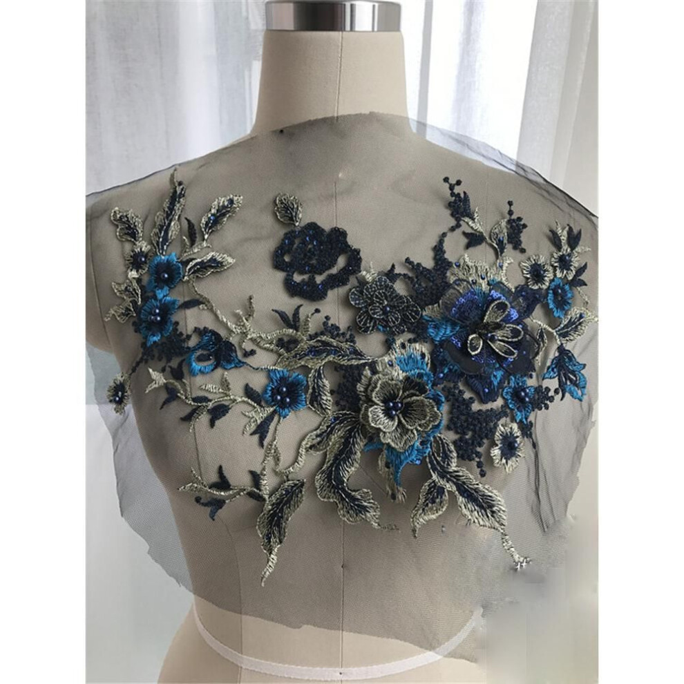 (blue,gold) 3D Flowers Beads Sequin Appliques Embroidery Mesh Sew Patch