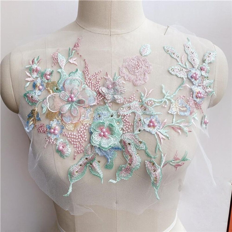 (pink green) 3D Flowers Beads Sequin Appliques Embroidery Mesh Sew Patch