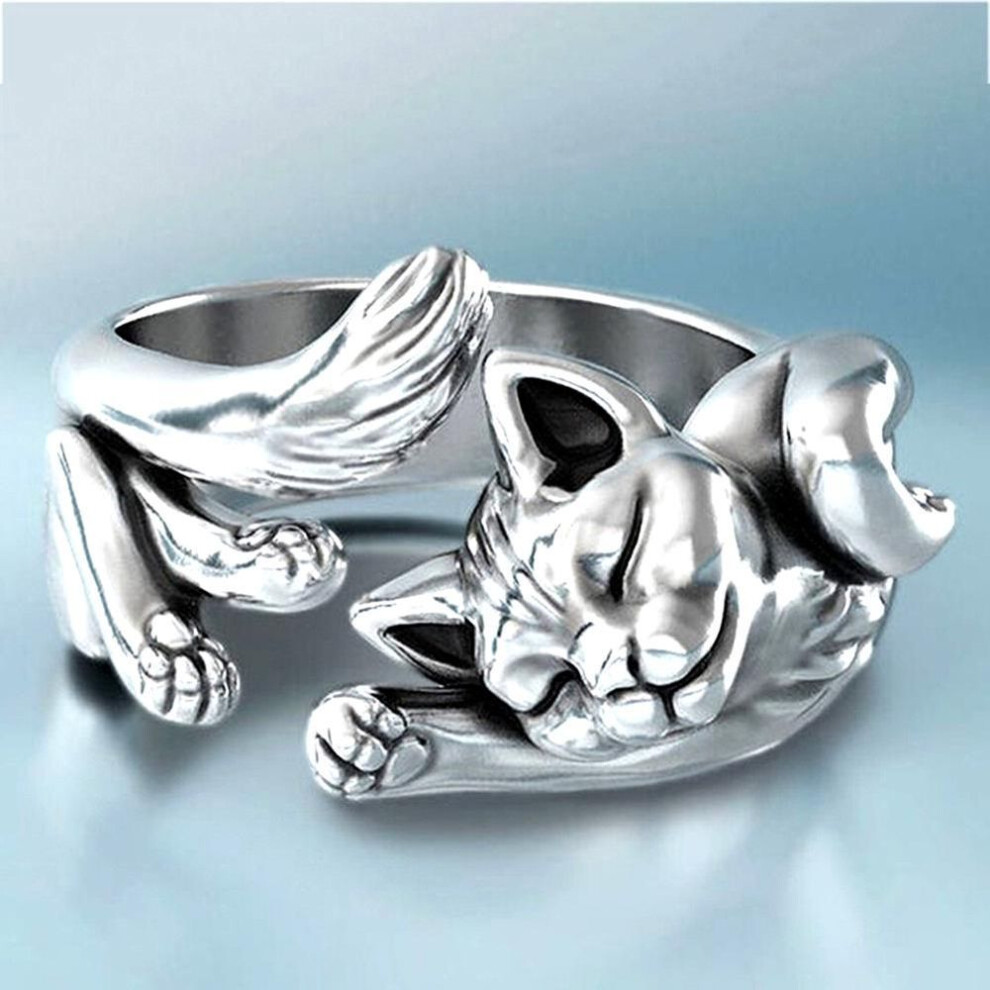(silver,black) Vintage Silver Finger Jewelry Unisex Plated Cats Ring Gift