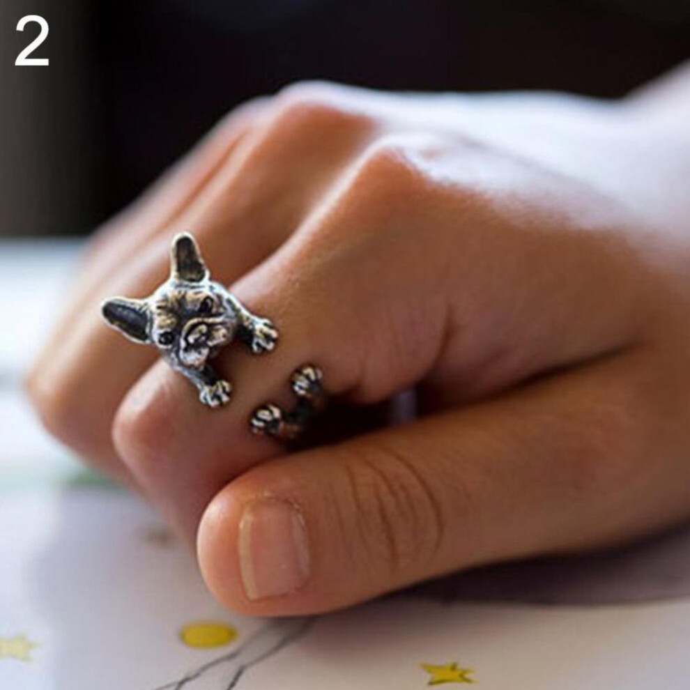 (silver) Adjustable Retro Bulldog Openings Ring Unisex Animal Pit Bull Dog Punk Jewelry
