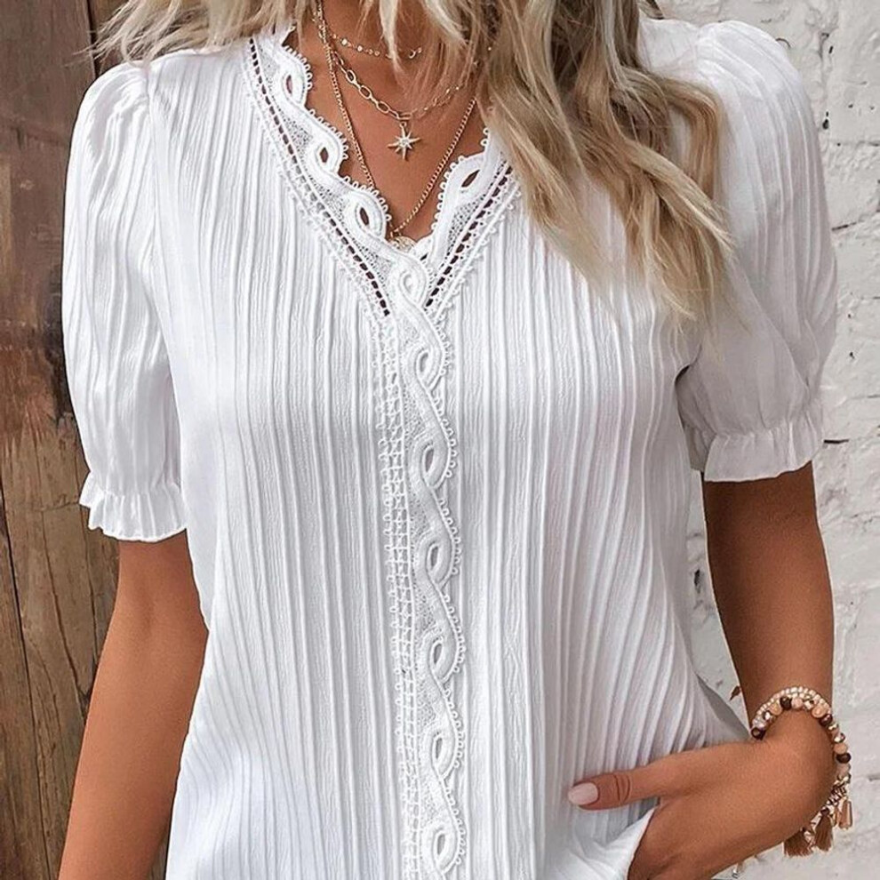 (M, white) YYFS Women's Fashion Casual Summer Spring Solid Color Print Short Sleeve V-Neck Blouses & Shirts