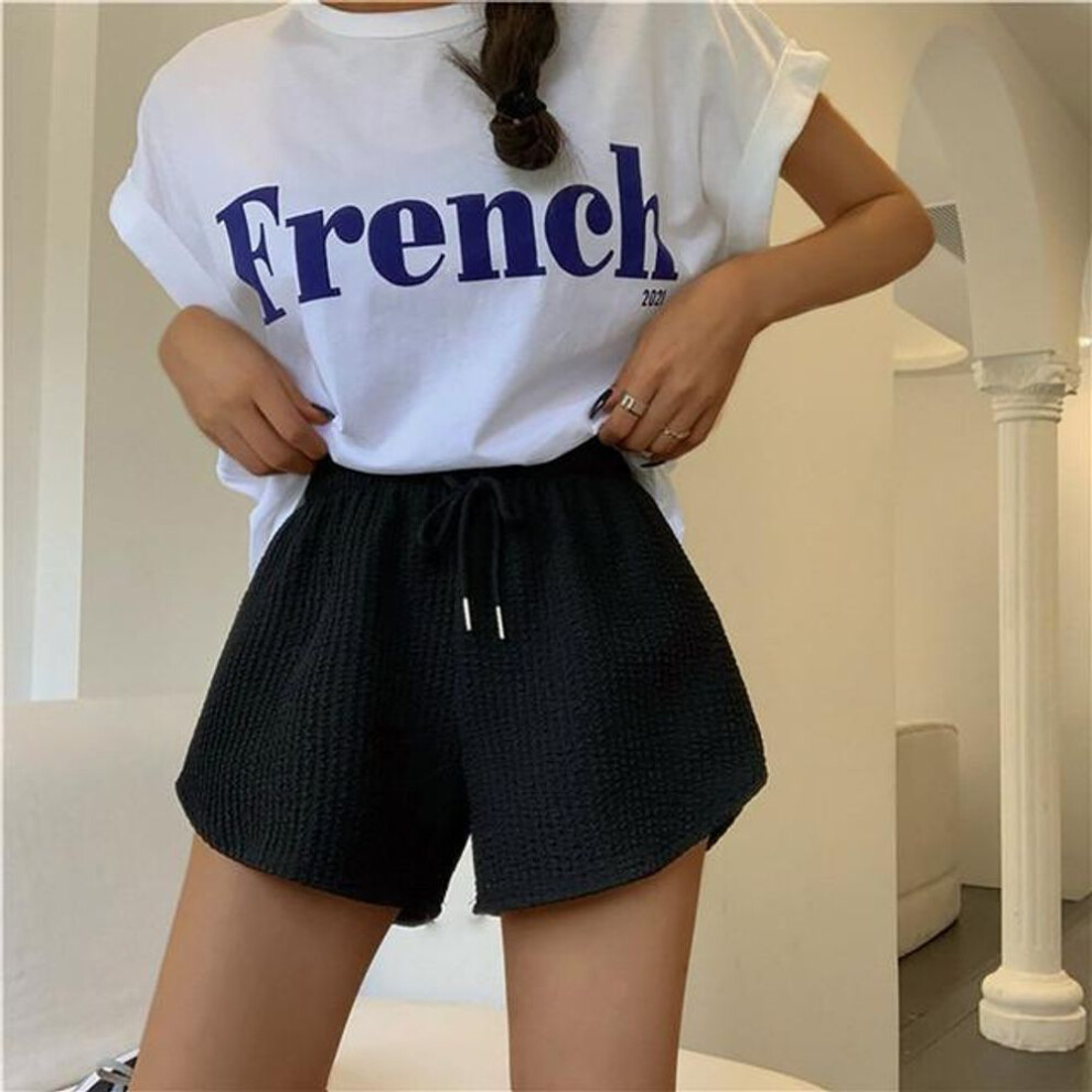 (black, L) Women Shorts Summer High Elastic Lace Up Drawstring Wide Leg Sweat Short Fitness Running Shorts Loose Casual Large Sports Pants