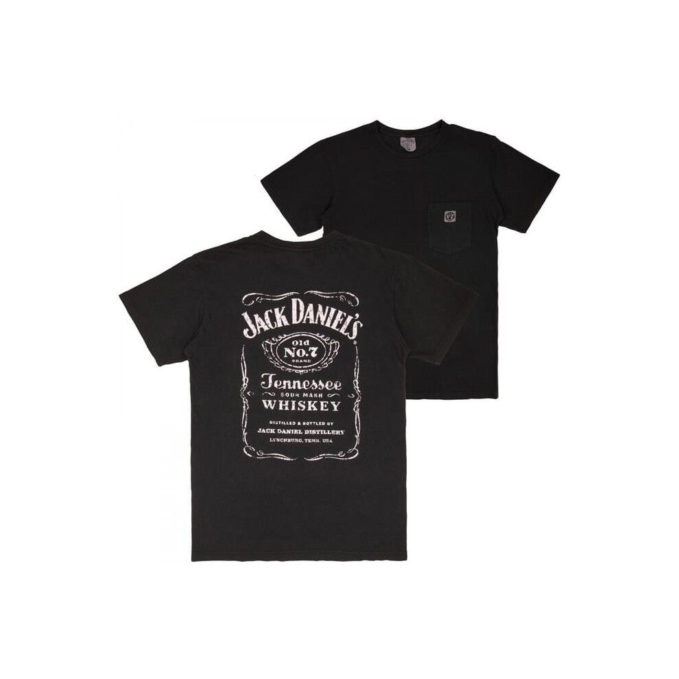 Jack Daniels 885582-Large Distressed Front & Back Print Embroidered No.7 Pocket T-Shirt, Black - Large