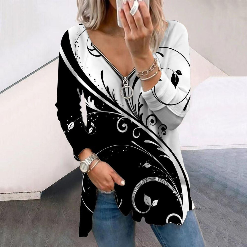 (XS, white) Women Autumn Creative Design Printed Long Sleeve T-Shirts Loose V-Neck Plus Size Tee Shirt Tops Comfy Blouse