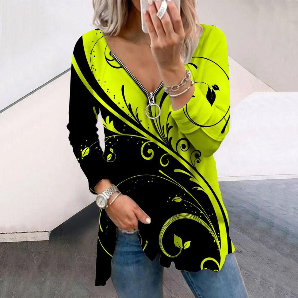 (4XL, yellow) Women Autumn Creative Design Printed Long Sleeve T-Shirts Loose V-Neck Plus Size Tee Shirt Tops Comfy Blouse