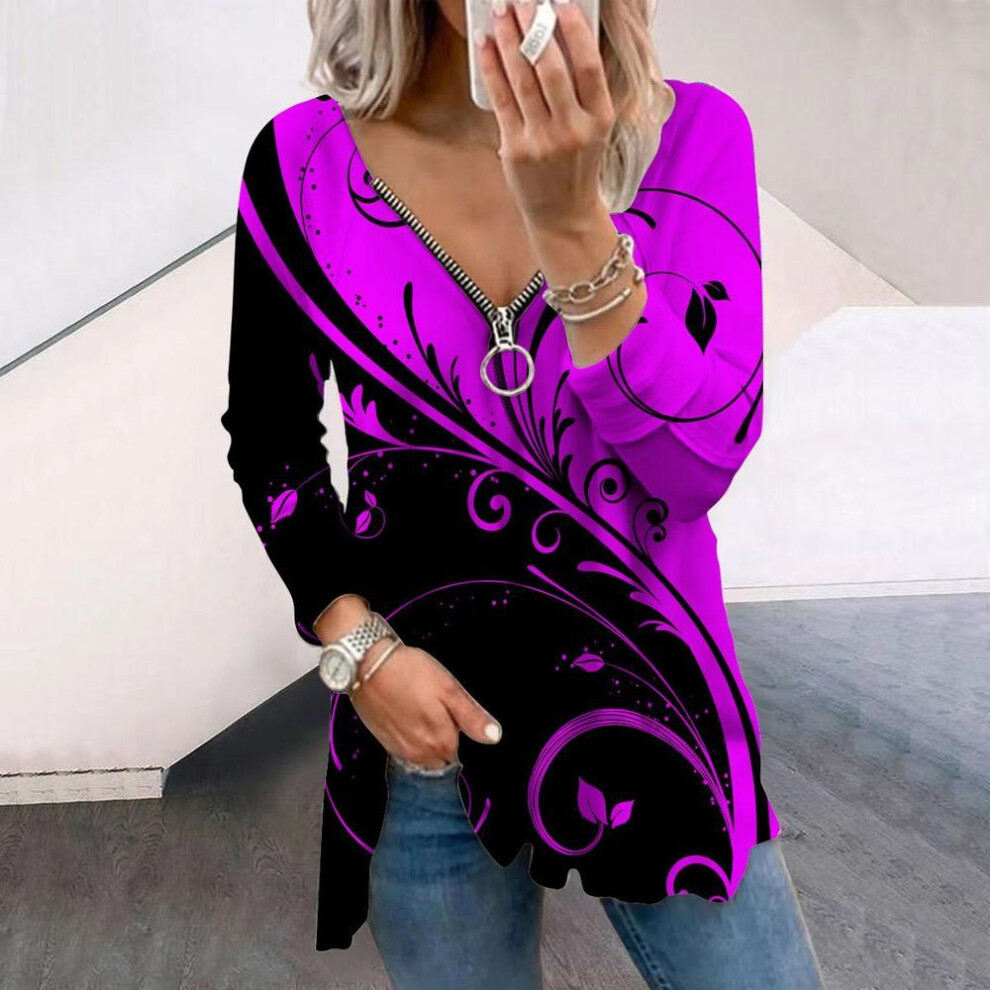 (7XL, purple) Women Autumn Creative Design Printed Long Sleeve T-Shirts Loose V-Neck Plus Size Tee Shirt Tops Comfy Blouse