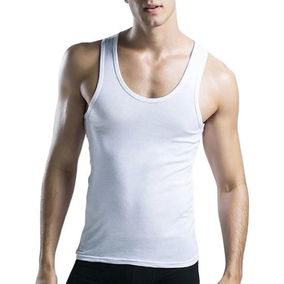 (white, L) Men Sport Vest O-Neck Sleeveless Fitness Vest Slim Fit Solid Color Tank Top Stretchy