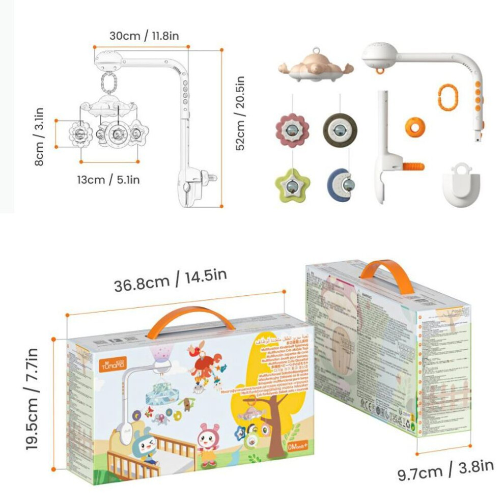 (as the picture, 33*9.8*25.3cm) TUMAMA Baby Crib Mobile,Crib Toys with Projection Night Light,Music and White Noise,Soft Plush Mirror Hanging Toys,Mute Spin Motor Nursery Toys