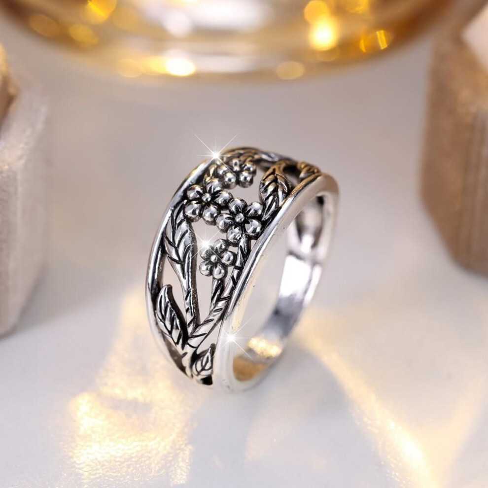 (black, 10) Vintage Silver Color Rings for Women Hollow Flower Shape Ring Fashion Fine Jewelry Gift