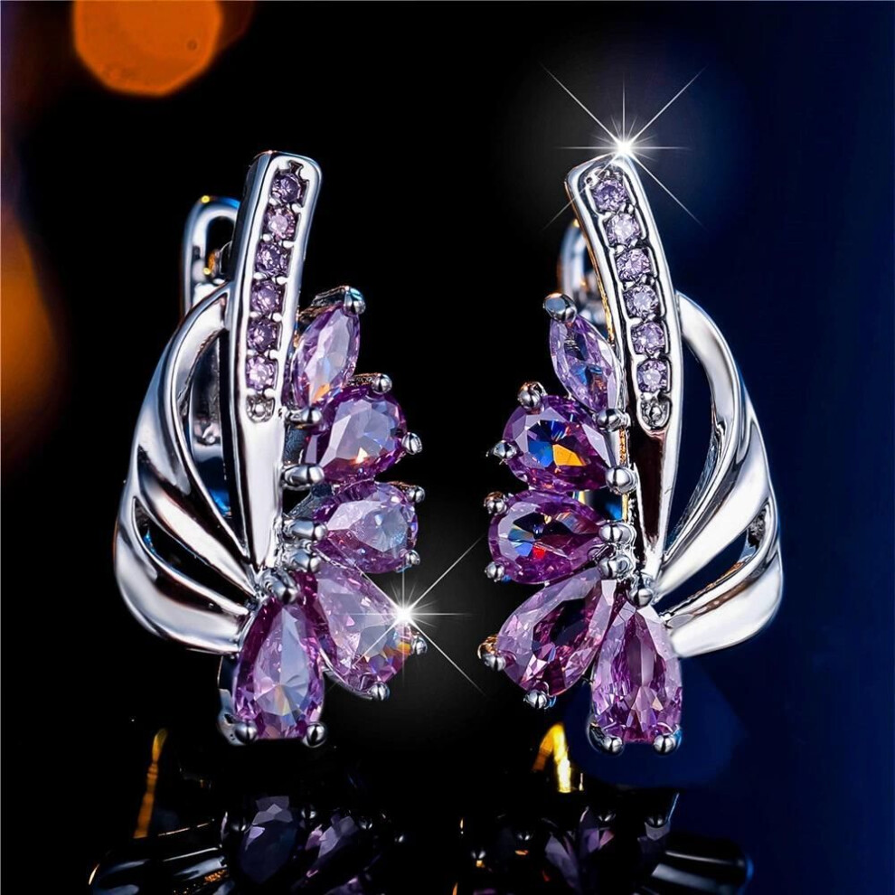 (silver,purple) Exquisite Blue Green Zircon Hoop Earrings for Women Silver Color Flower Dangle Earrings Elegant Party Jewelry