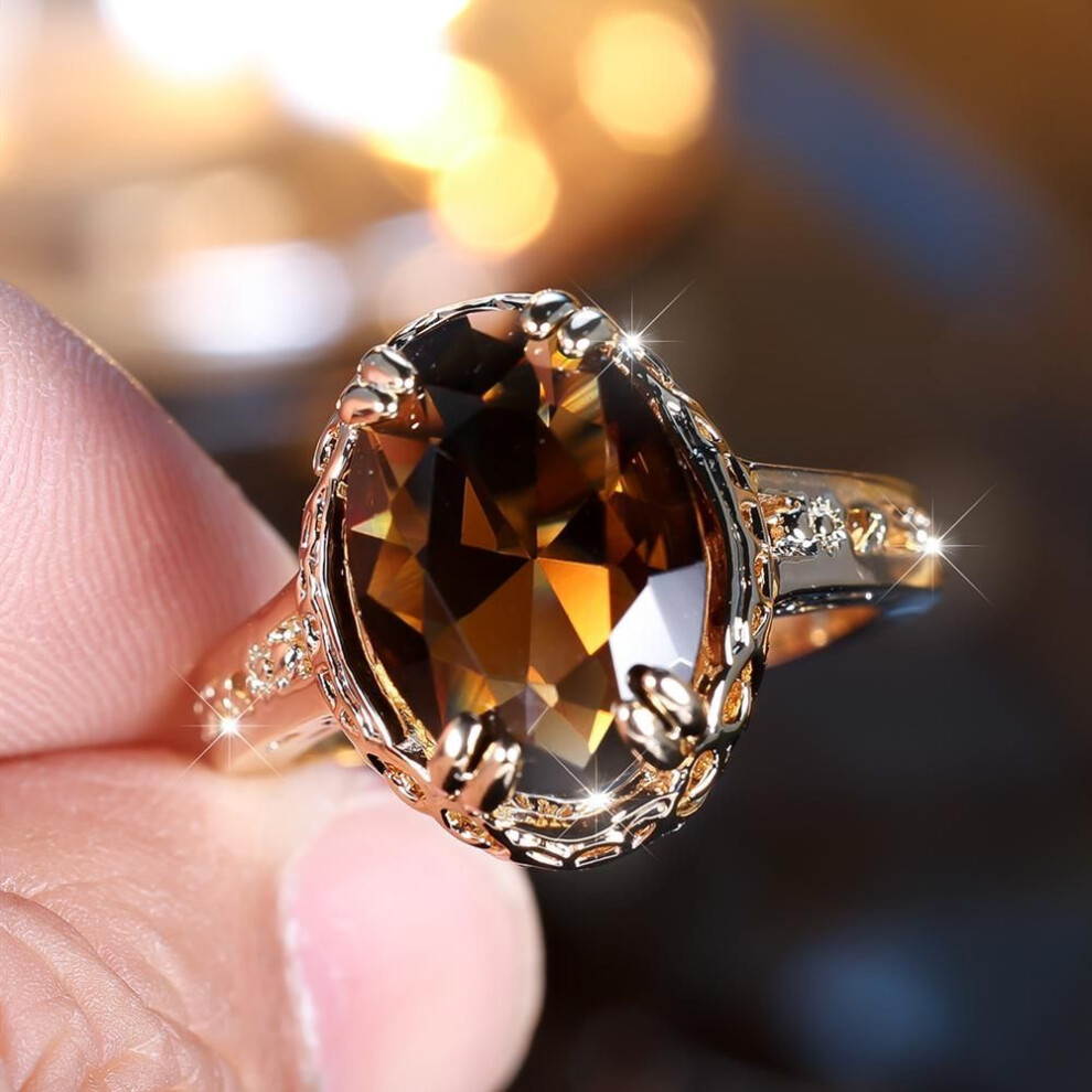 (brown, 12) Luxury Egg Shape Cubic Zirconia Rings For Women Men Yellow Gold Color Wedding Rings Jewelry Gift
