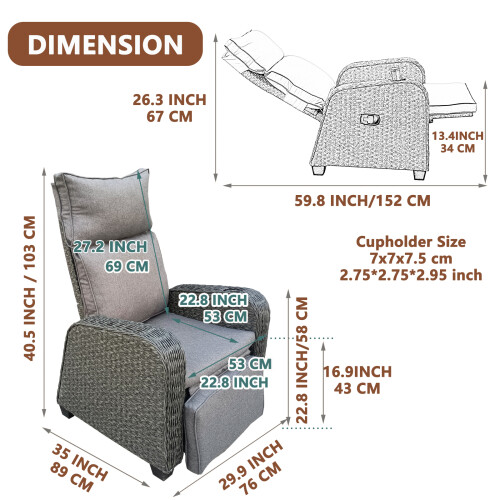(Grey ) Garden Recliner Armchair Rattan Effect 2