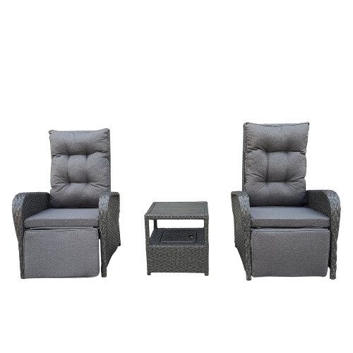 (Dark Grey) Rattan Chaise Lounge Sofa Set 2 Seater 2